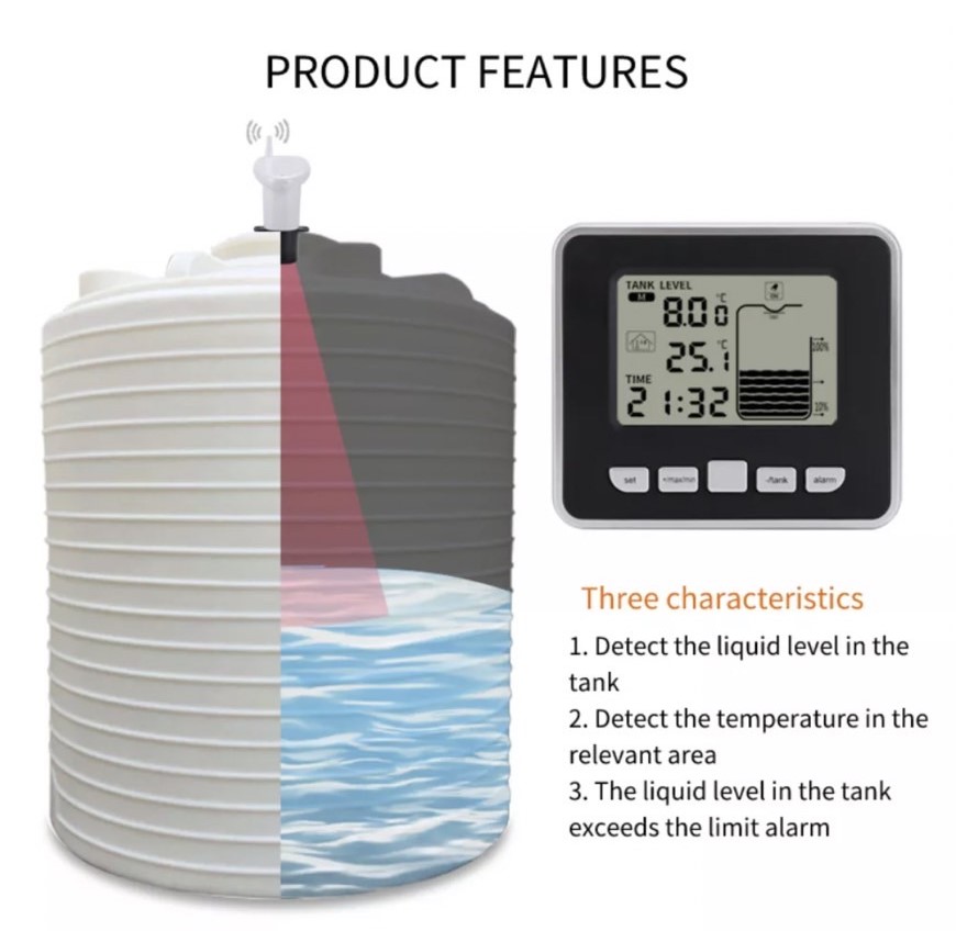 เซนเซอร์วัดความลึกและอุณหภูมิ Wireless Water Tank Liquid Depth Meter Ultrasonic Temperature sensor display, 3.3 inch
