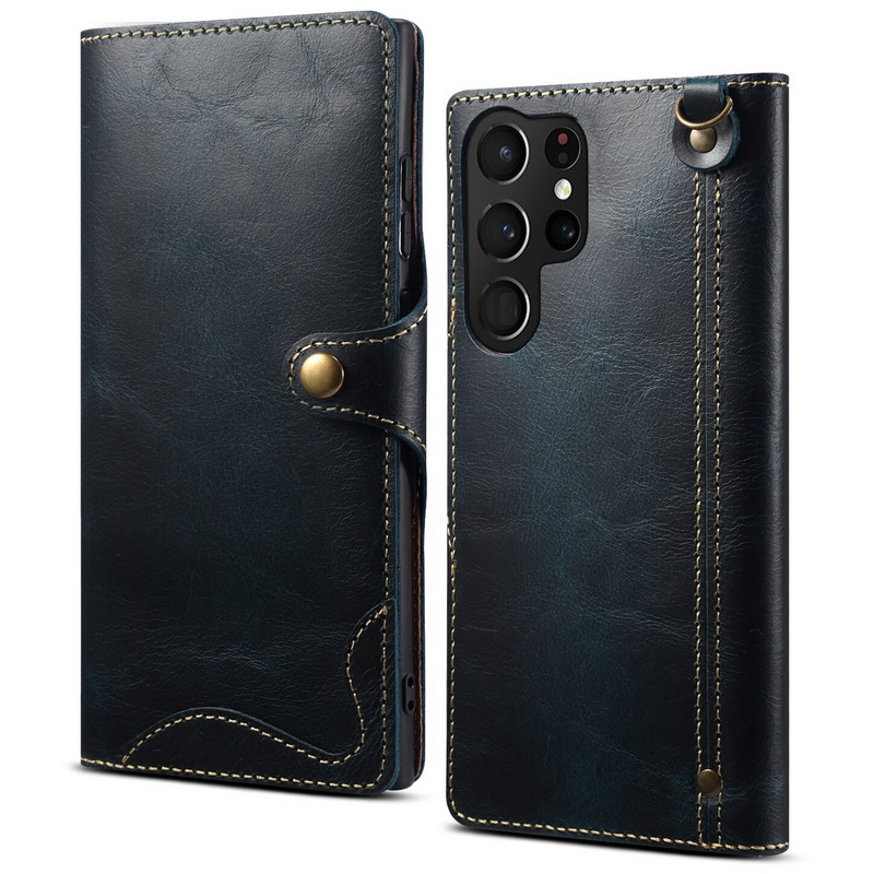 Case Samsung Galaxy S23 Ultra 5G#เคสฝาพับหนังแท้พร้อมสายคล้อง Genuine Wallet Leather Phone Cover with Lanyard