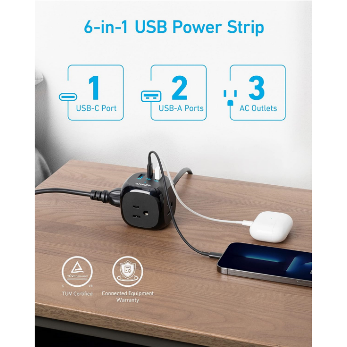 Anker® 321 Power Strip with 3 Outlets & USB Charging 5 ft Extension Cord Model: 9135 แองเคอร์ อะแดปเตอร์ รางปลั๊กไฟ
