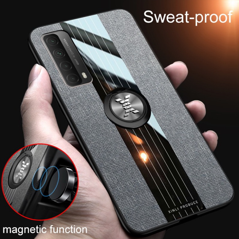 เคส Huawei Y7a #เคสฝาหลังเคลือบผ้าเนื้อมีแหวนสวมนิ้ว TPU ไฮบริด+อะคริลิ + แหวนโลหะ