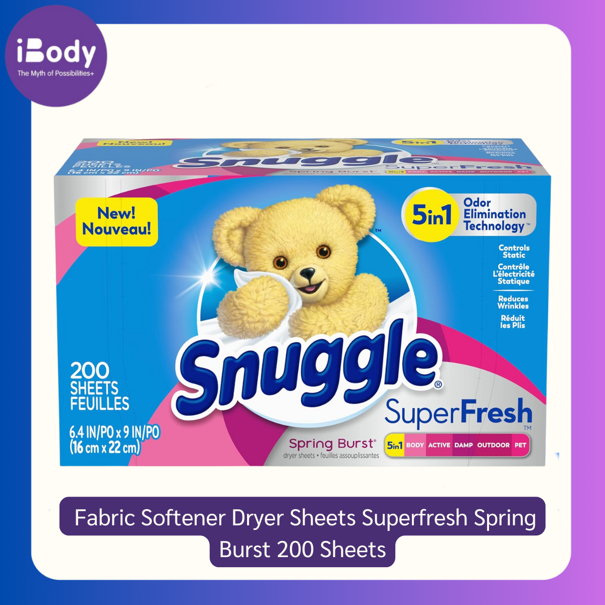 Snuggle® Fabric Softener Dryer Sheets Super Fresh Spring Burst 200 Sheets แผ่นอบผ้า กลิ่นสปริงเบิร์ส