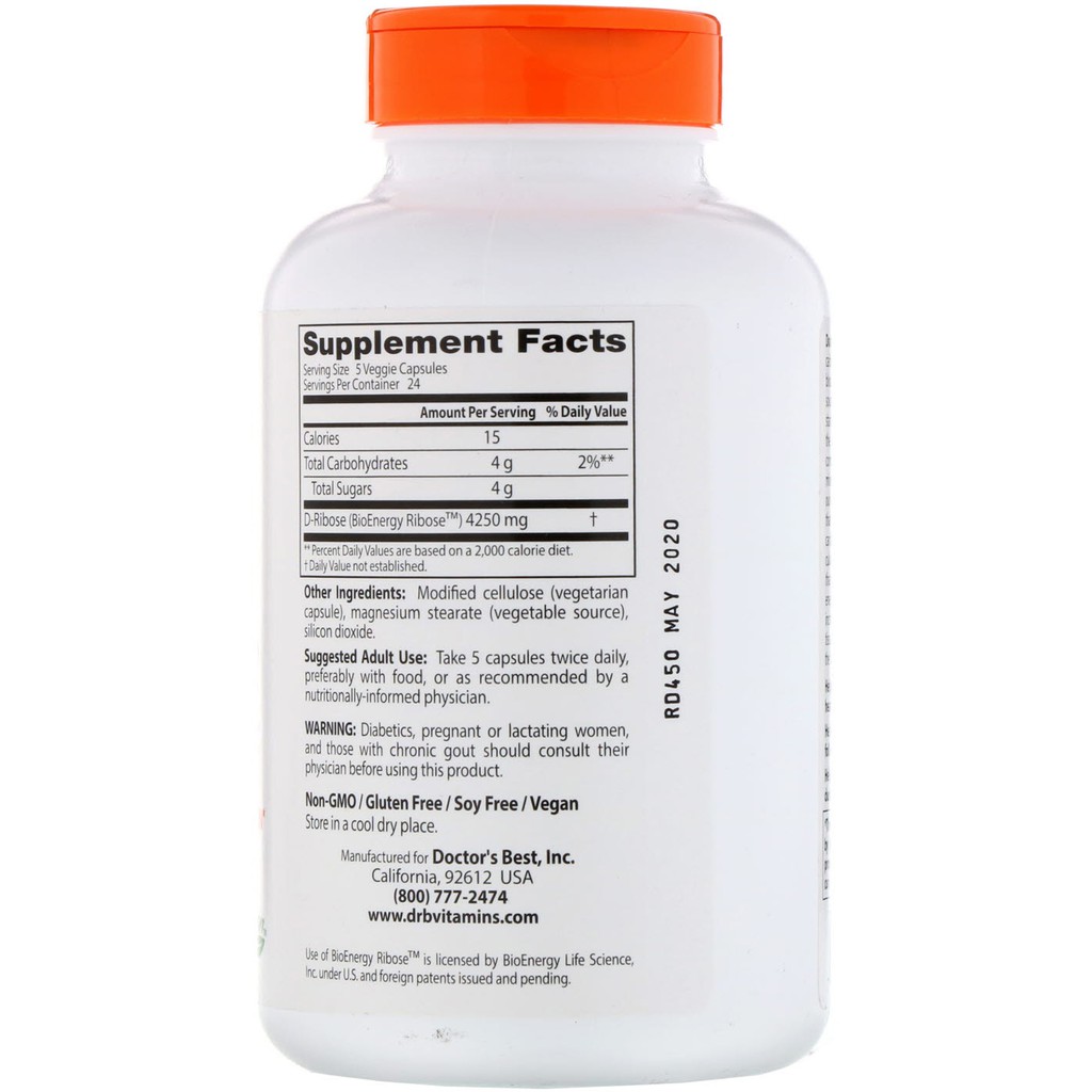 Doctor's Best® D-Ribose 850 mg 120 Veggie Caps ดีไรโบส เพิ่มพลังงานในหัวใจและกล้ามเนื้อ ฟื้นฟูกล้ามเนื้อหลังออกกำลังกาย