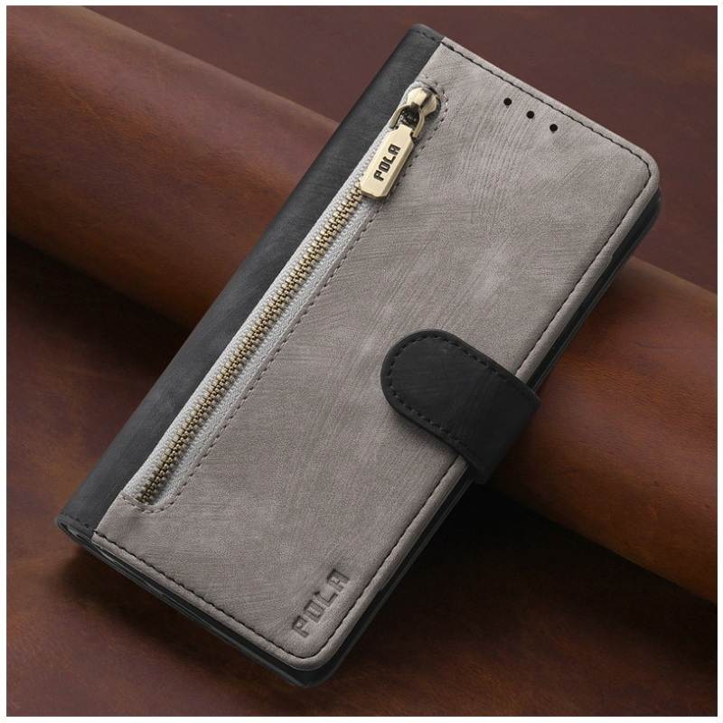 เคส iPhone 14#เคสฝาพับหนัง PU 2 สี มีช่องใส่บัตร ช่องซิป ปิดแม่เหล็ก Zipper Pocket Stand Flip Cover with Strap