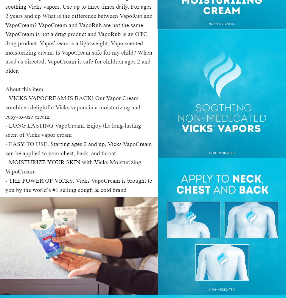 Vicks® VapoCream Soothing Vapors Clean Feel Non-Greasy Moisturizing Cream 85g วิคส์ วาโปครีม ครีมบำรุงและให้ความชุ่มชื้น ลดอาการไอ คัดจมูก ใช้ได้ทั้งเด็กและผู้ใหญ่