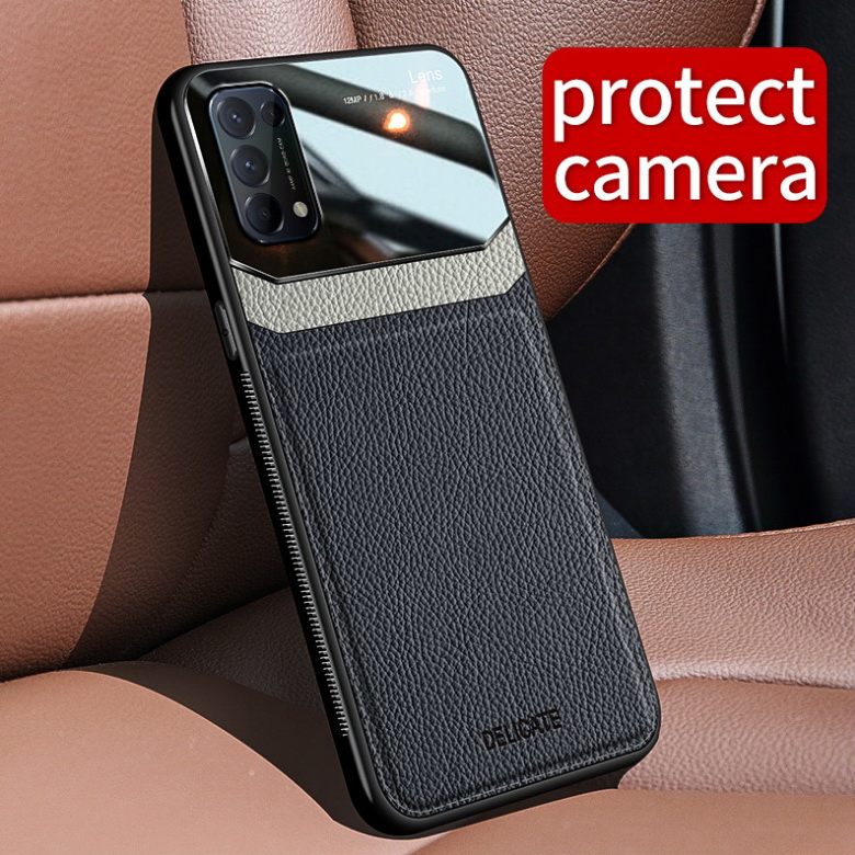 เคส OPPO Reno 5 Pro 5G #เคสฝาหลังไฮบริด PU +TPU + glass สีทูโทน Shockproof Leather Mirror Glass Silicone Phone Back Cover