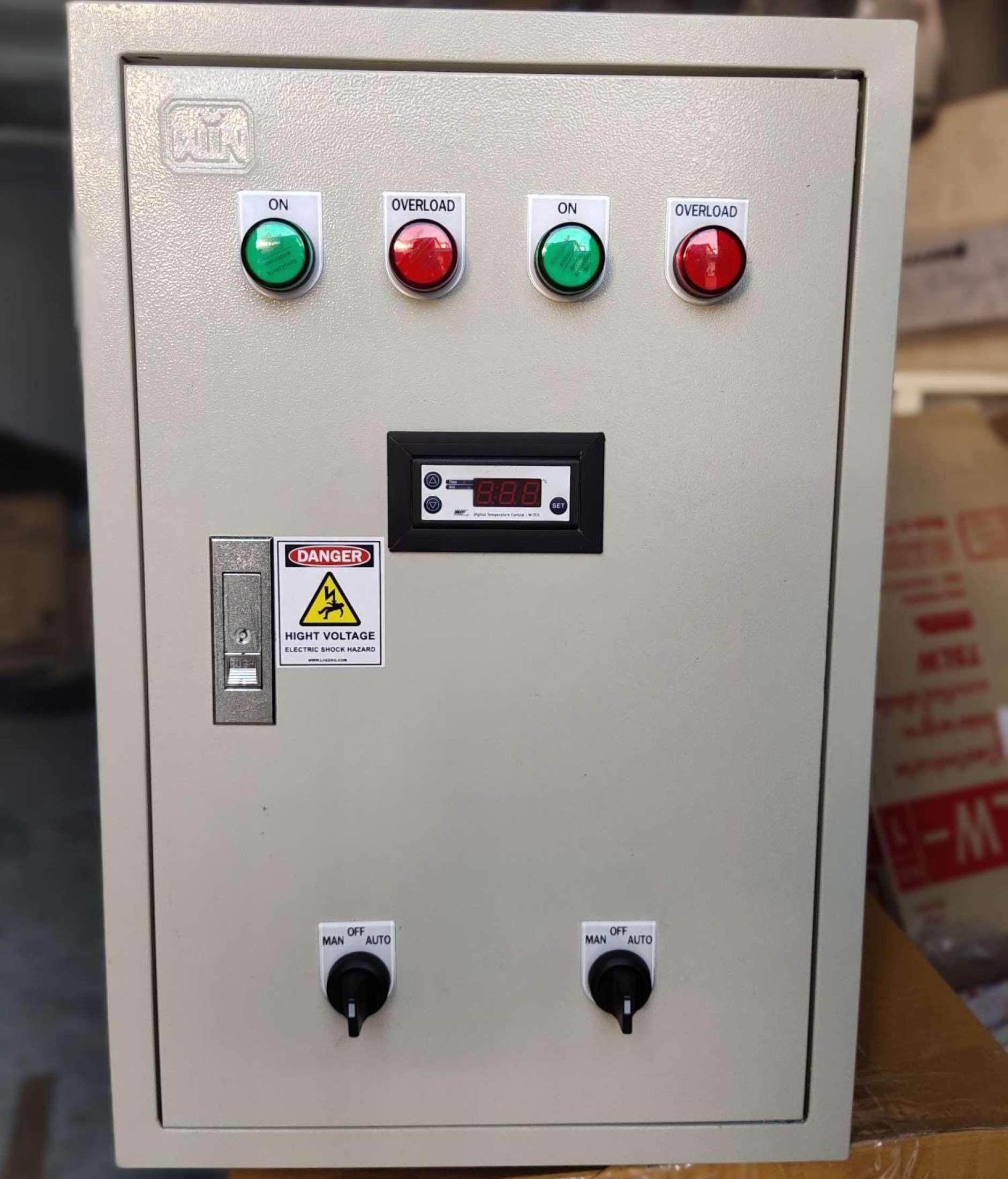 ตู้ควบคุมสั่งเปิดปิดพัดลมด้วยอุณหภูมิ พัดลม 3 เฟส 380V ห้องควบคุม โรงเรือน ระบบระบายอากาศ temperature control สั่งเปิดปิดได้ 2 ตัว