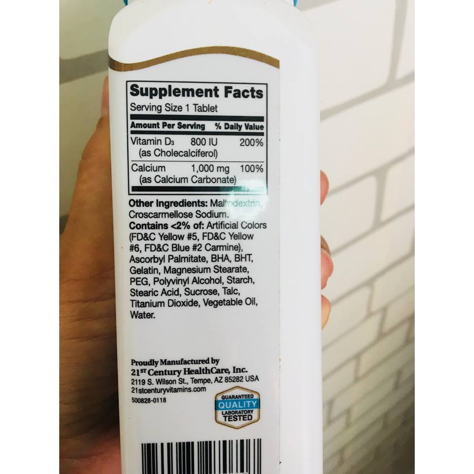 (21st Century®) Calcium 1000mg + D3:800iu 90 Tablets แคลเซี่ยม วิตามินดี 3