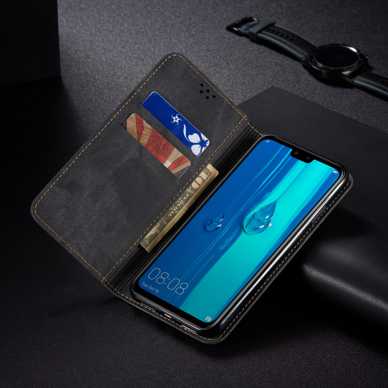 Case Huawei Y9 (2019) #เคสฝาพับสไตล์ย้อนยุคผิวผ้ายีนส์แบบกระเป๋าสตางค์
