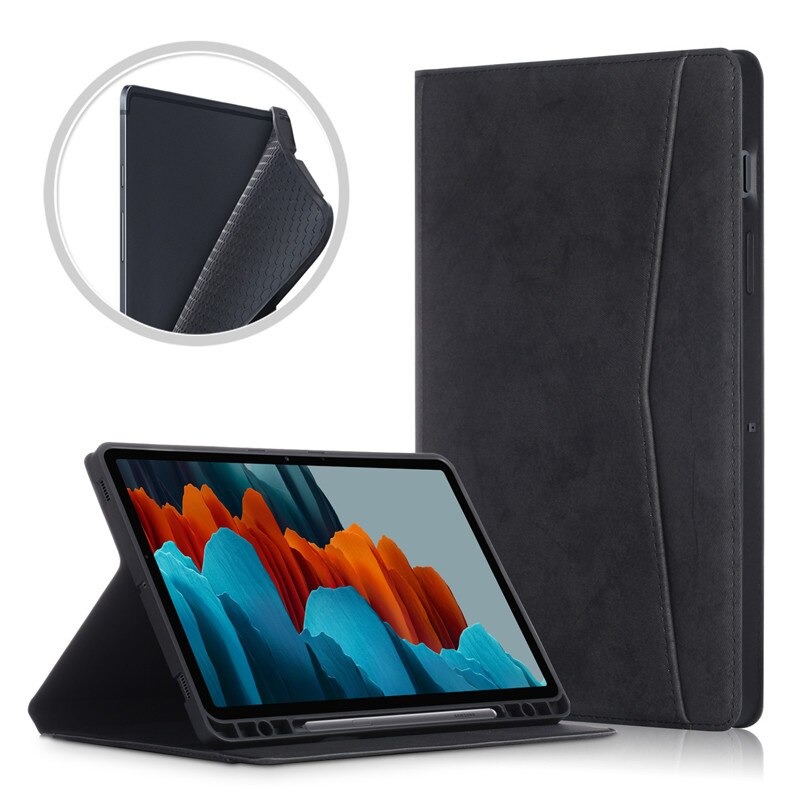 Case SamsungGalaxy Tab S7 FE 12.4"(T730,T736) #เคสฝาพับหนัง PU ลายผิวผ้ามีช่องใส่ปากกา with Pencil Holder Stand Business Card Slot Cover สำเนา