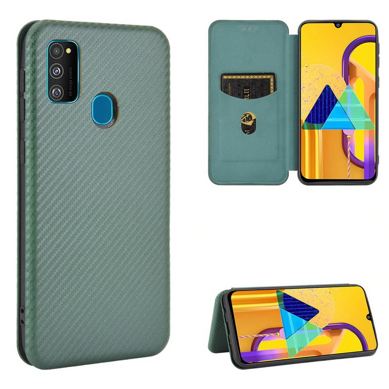 เคส Samsung Galaxy M21 #เคสฝาพับลายคาร์บอนไฟเบอร์มีช่องใส่การ์ด Carbon Fiber Wallet Card Slot Magnet Stand Phone Cover