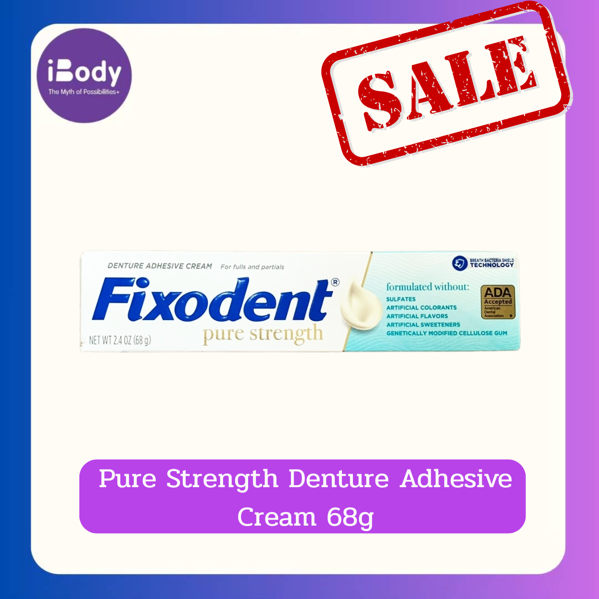 (Fixodent®) Pure Strength Denture Adhesive Cream 68 g ฟิกโซเดนท์ ครีมติดฟันปลอม ยึดเกาะแน่น ไม่หลุดง่าย