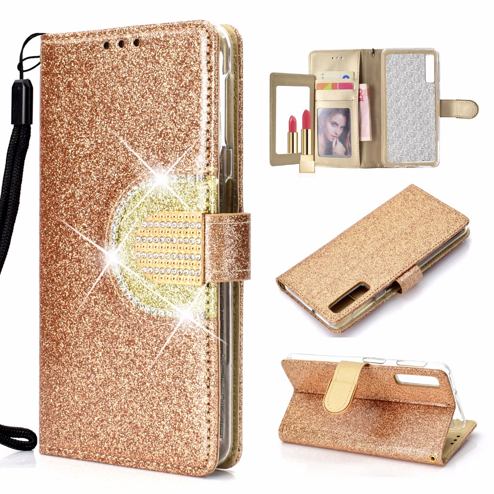 Case Samsung Galaxy A7 (2018) A750 #เคสฝาพับแบบกระเป๋าสตางค์ Glitter Powder ตกแต่ง Rhinestone มีกระจก