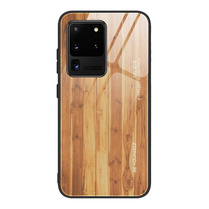 Case Samsung Galaxy S20 Ultra / S20 Ultra 5G #เคสฝาหลังกระจกลายผิวไม้ Case Hard Tempered glass Wood grain protect Back Cover
