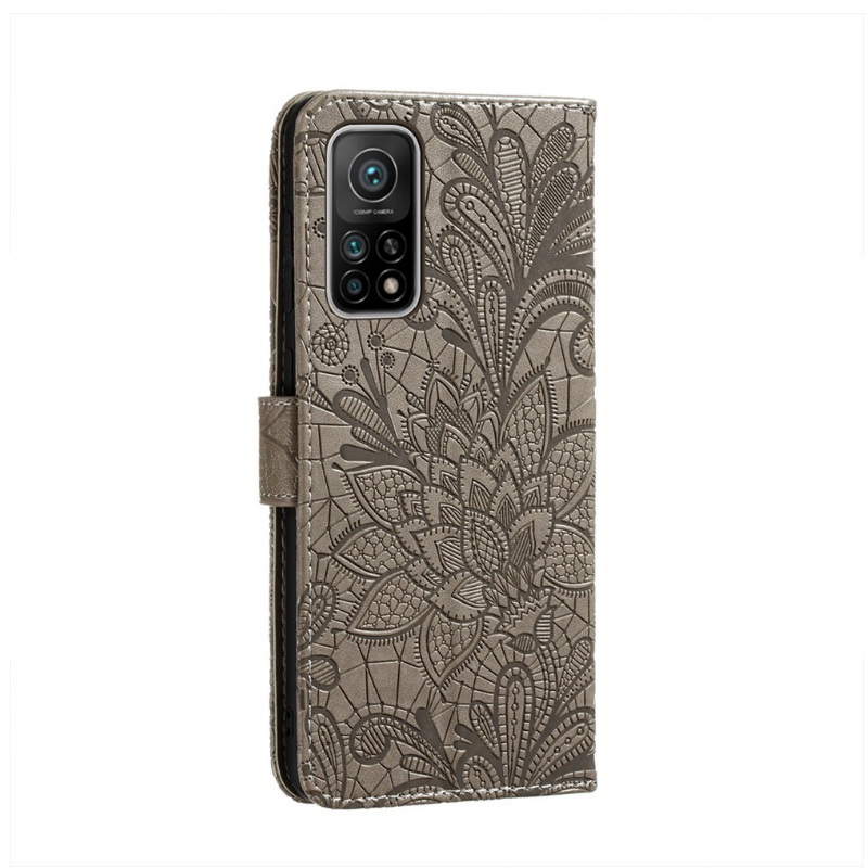 เคส Xiaomi Mi 10T #เคสฝาพับแบบกระเป๋าสตางค์หนัง PU พิมพ์ลายดอกไม้ลูกไม้ Imprint Lace Flower