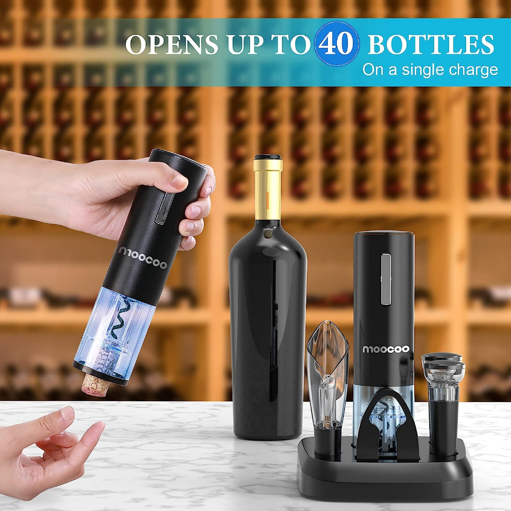 Moocoo® Electric Wine Set Open, Serve & Preserve ชุดที่เปิดขวดไวน์ไฟฟ้าพร้อมฐานชาร์จ ที่เปิดไวน์