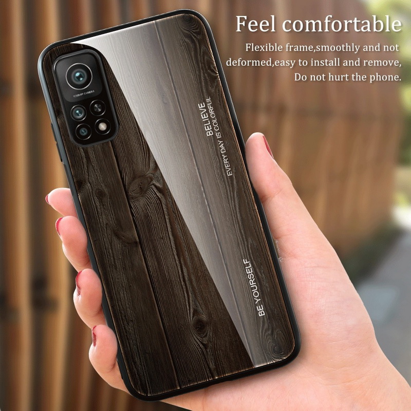 เคส Xiaomi Mi 10T Pro #เคสฝาหลังกระจกลายผิวไม้ Case Hard Tempered glass Wood grain protect Back Cover