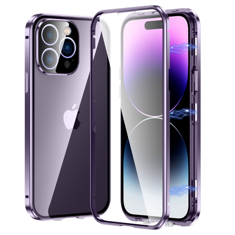 เคส iPhone 14#เคสกระจกขอบโลหะประกบแม่เหล็กหน้าหลังมีป้องกันเลนส์กล้อง Fully Protection Magnetic Adsorption Glass Metal Phone Protective Built-in Camera Protection