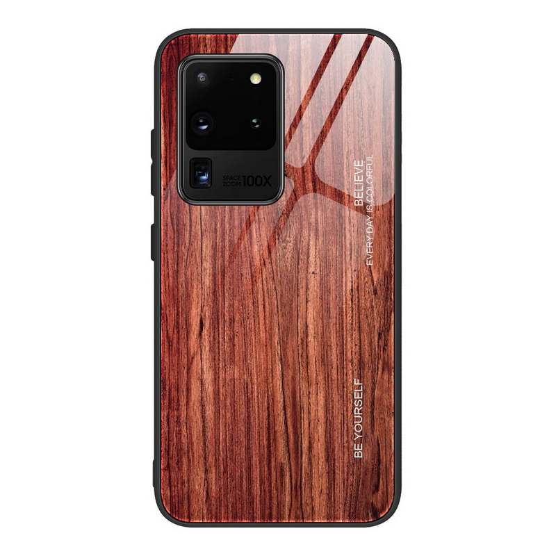 Case Samsung Galaxy S20 Ultra / S20 Ultra 5G #เคสฝาหลังกระจกลายผิวไม้ Case Hard Tempered glass Wood grain protect Back Cover