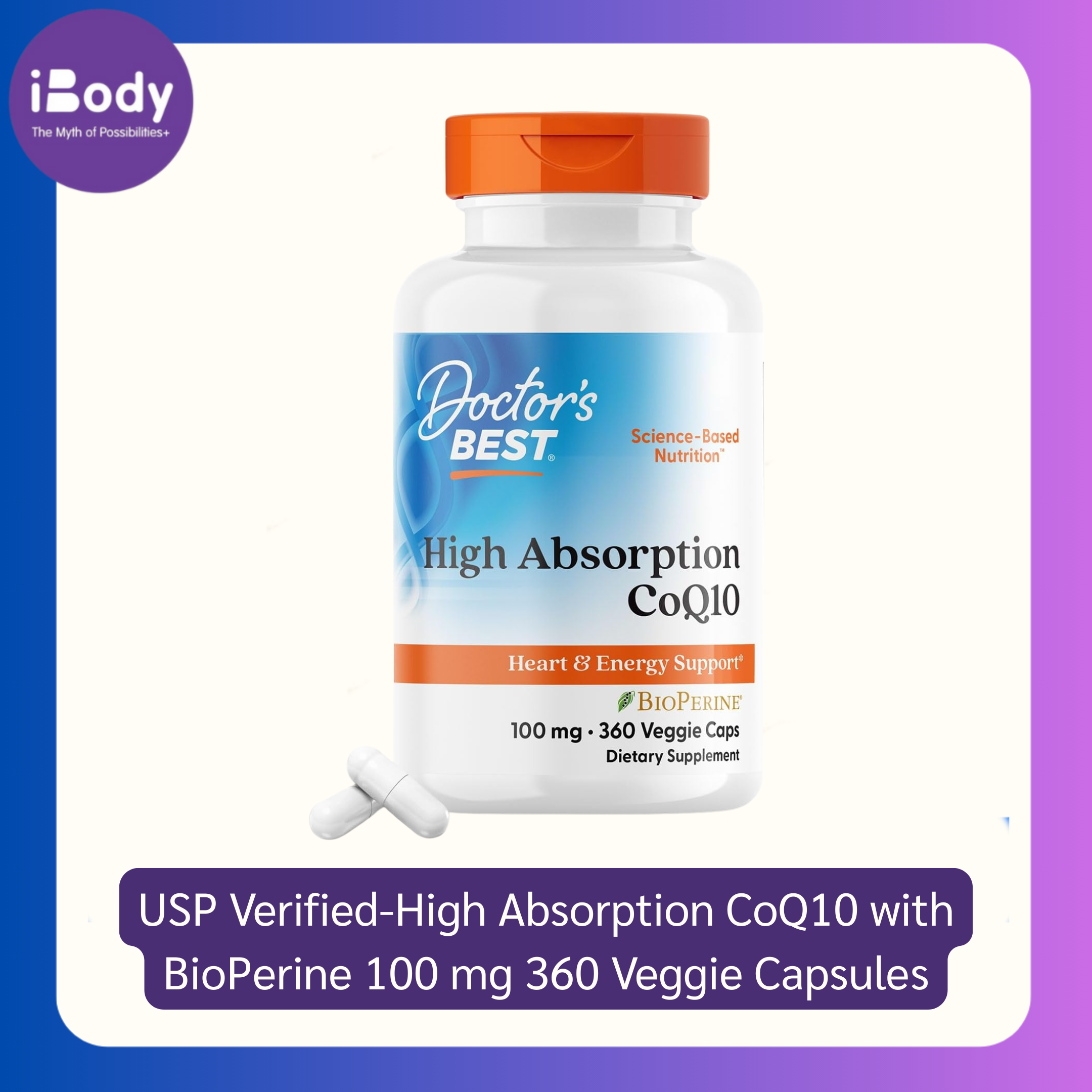 USP Verified-High Absorption CoQ10 with BioPerine 100 mg 360 Veggie Capsules (Doctor's Best) ช่วยโรคหัวใจ ความดัน ไมเกรน