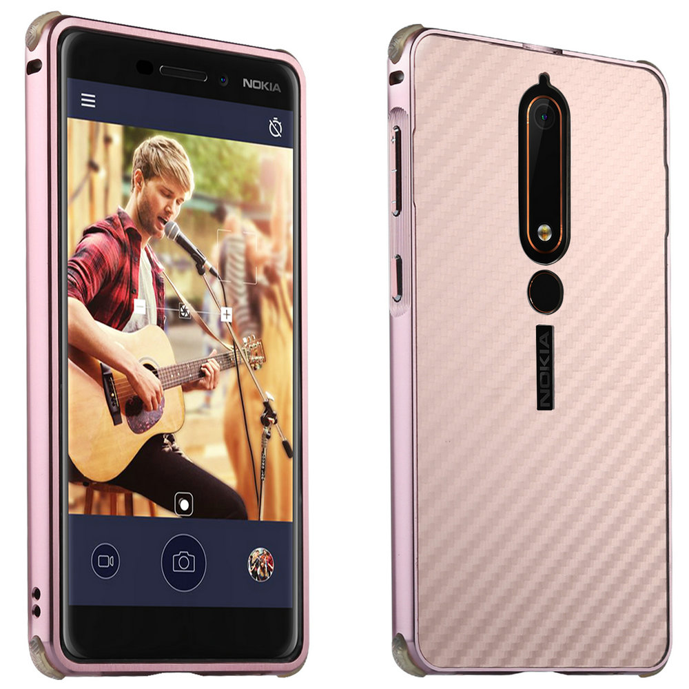 เคส Nokia 6.1 2018 (5.5 นิ้ว) #เคสฝาหลังขอบกันชนโลหะ Electroplated + Carbon Panel แผ่นหลังพลาสติกเลื่อนสไลด์