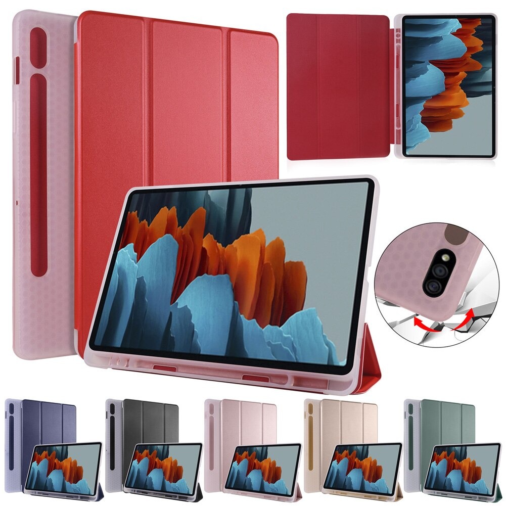 Case Samsung Galaxy Tab S7 Plus 12.4นิ้ว SM-T970 SM-T975 SM-T976 #เคสฝาพับหนัง PU แบบ 3 พับมีช่องเก็บปากกา Soft TPU Tri-fold Stand Leather Smart Tablet