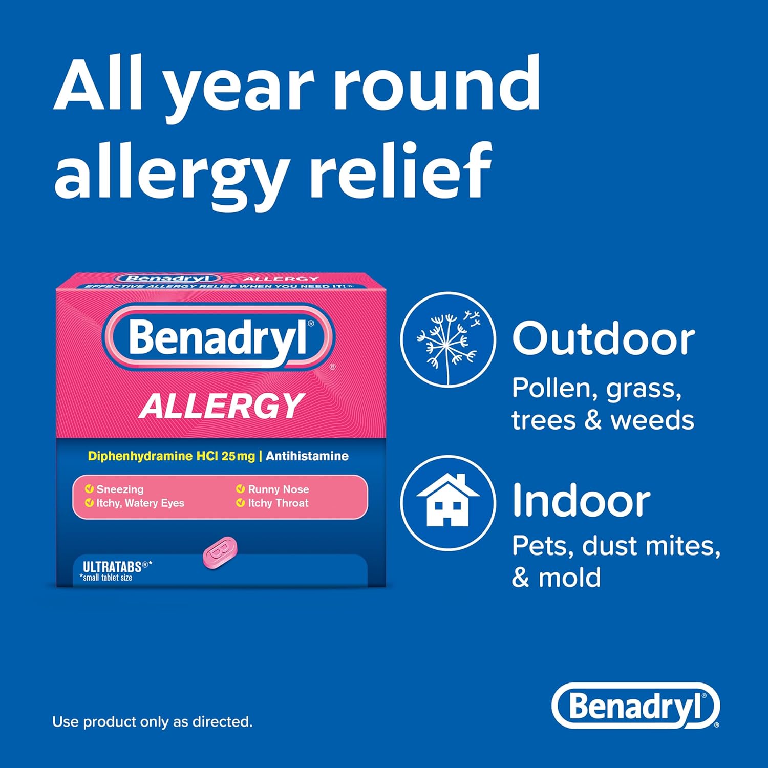 80% Sale!! Exp.07/2025 Benadryl® Ultratabs Allergy Relief Medicine 25 mg,100 Tablets. ยาแก้แพ้ ดิเฟนไฮดรามีน 25 มก.