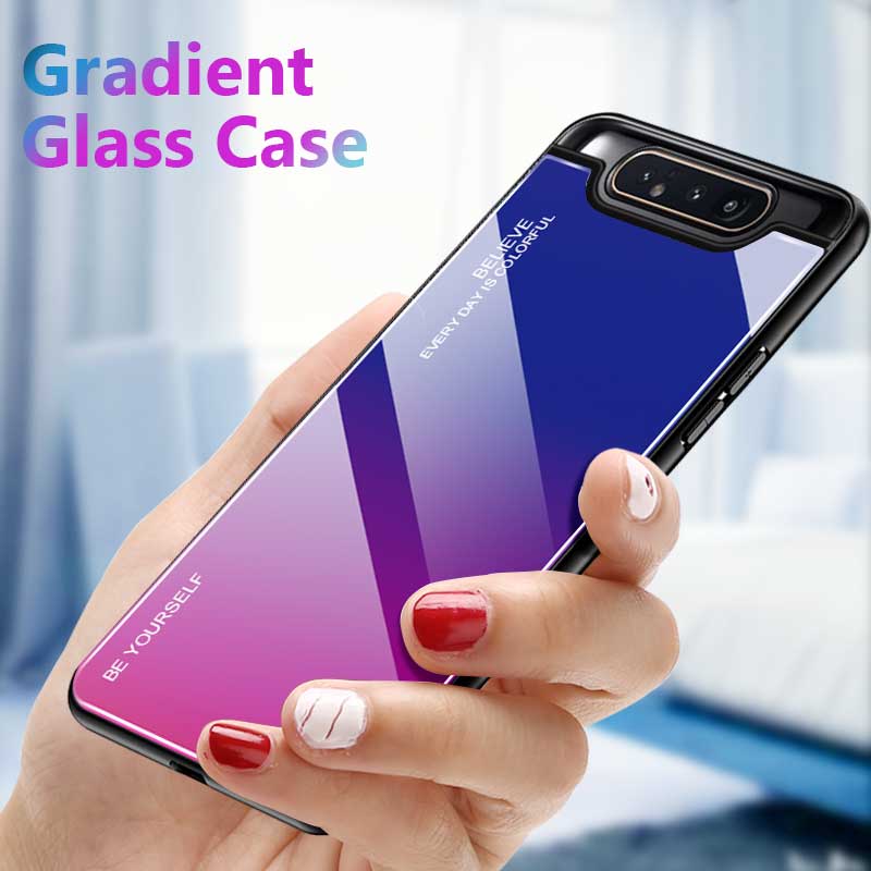 Case Samsung Galaxy A80 #เคสฝาหลัง กระจกสีไล่โทนสี Glass + PC + TPU Hybrid Case