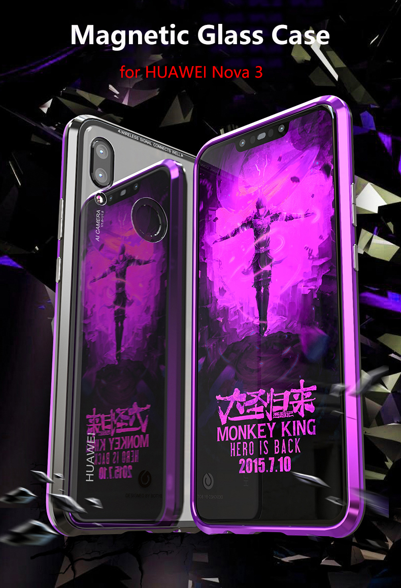Case Huawei nova 3 #เคสกรอบโลหะที่ถอดออกได้ติดแม่เหล็ก + แผ่นด้านหลังกระจกนิรภัยคุณภาพดี