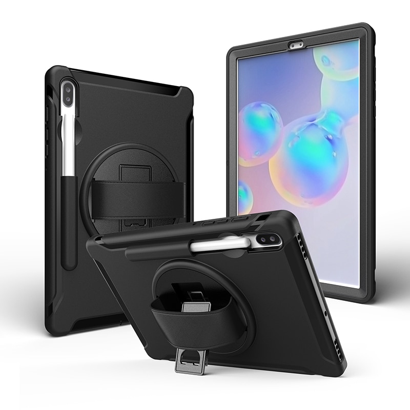 เคส Samsung Galaxy Tab S6 SM-T860 SM-T865 #เคสฝาหลังพลาสติกมีขาตั้งหมุนได้ 360° Swivel Kickstand PC + TPU Tablet Combo Shell with Hand Strap มีสายรัดมือ