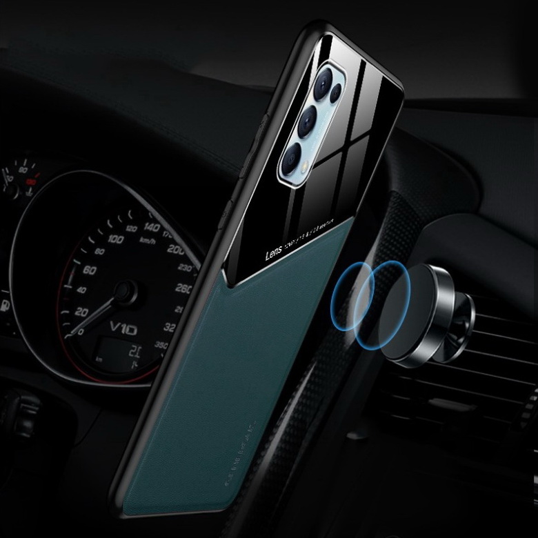 เคส OPPO Reno 5 Pro 5G#เคสฝาหลังไฮบริด PU +TPU + glass สีทูโทน Shockproof Leather Mirror Glass Silicone Phone Back Cover