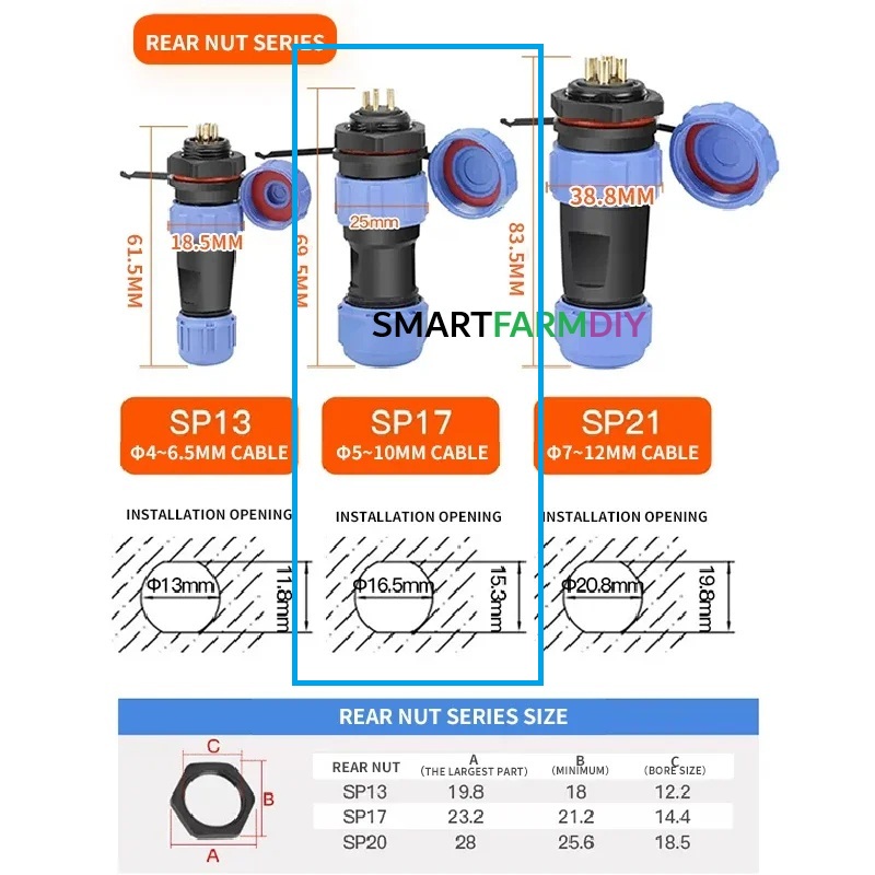 SP17 IP68 ขั้วปลั๊กอะแดปเตอร์สายต่อกันน้ำ 2 3 4 5 7 9 male+female