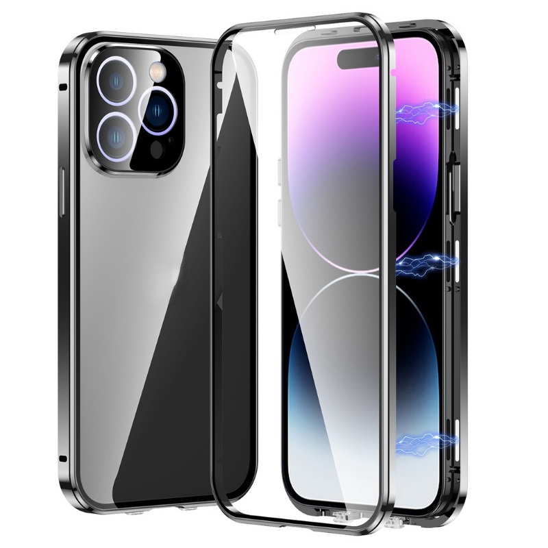เคส iPhone 14 Pro Max #เคสกระจกขอบโลหะประกบแม่เหล็กหน้าหลังมีป้องกันเลนส์กล้อง Fully Protection Magnetic Adsorption Glass Metal Phone Protective Built-in Camera Protection