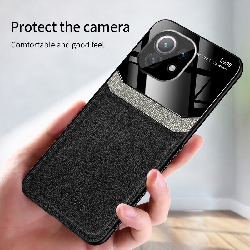 เคส Xiaomi Mi 11 Lite #เคสฝาหลังไฮบริด PU +TPU + glass สีทูโทน Shockproof Leather Mirror Glass Silicone Phone Back Cover