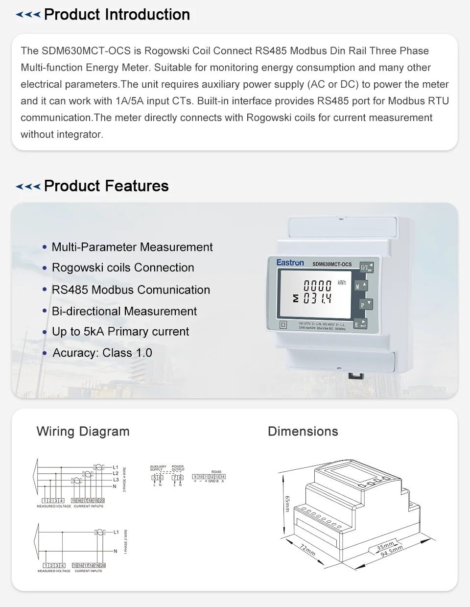 พาวเวอร์มิเตอร์ SDM630MCT-OCS ETL Listed Three Phase Three Wire Rogowski Coil Energy Meter
