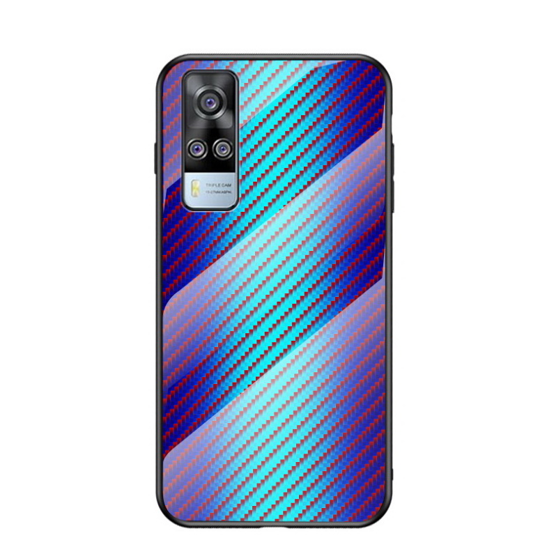 เคส Vivo Y31 2021 #เคสฝาหลัง Gradient Color ลายคาร์บอนไฟเบอร์ Carbon fiber texture Glass Hybrid Soft Silicone Cover