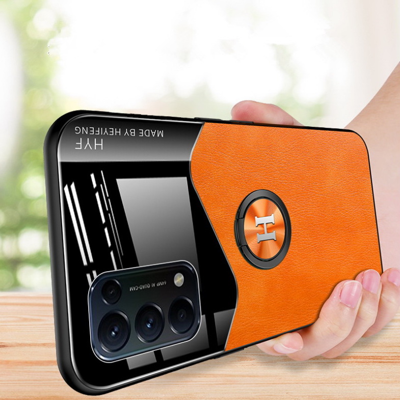 เคส OPPO Reno 5 5G #เคสฝาหลังไฮบริด PU +TPU + glass สีทูโทนมีแหวนสวมนิ้ว Shockproof Leather Mirror Glass Silicone Phone Back Cover