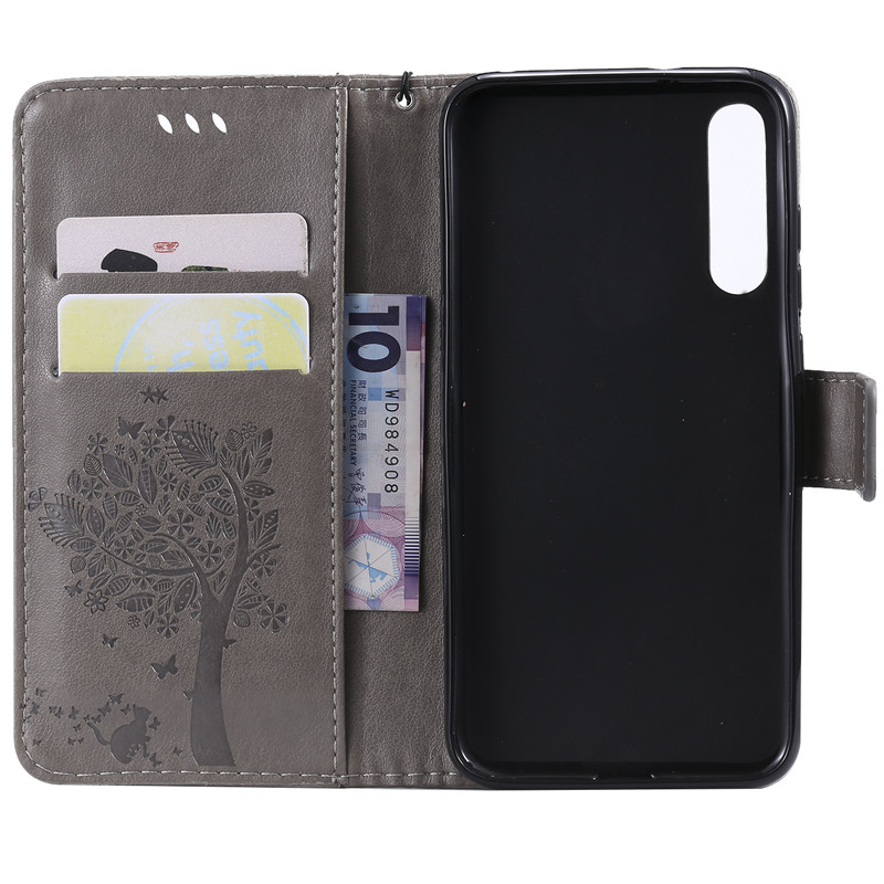 Case Xiaomi Mi 9 SE #เคสฝาพับหนัง PU พิมพ์ลาย Imprint Cat and Tree Pattern Leather Protection Cover