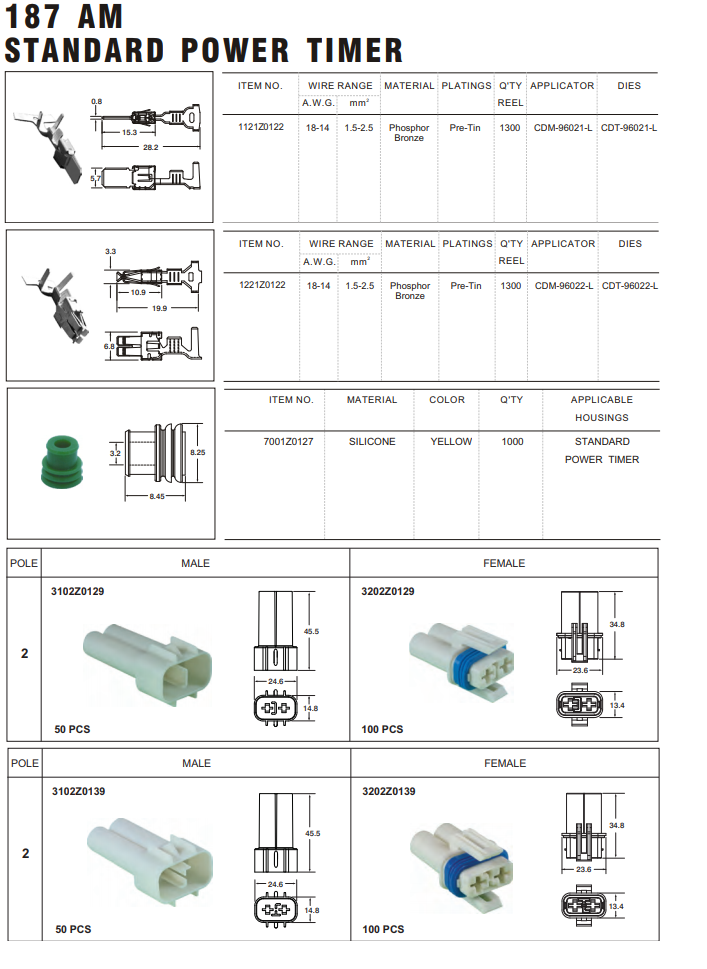 ปลั๊กต่อสายไฟในรถยนต์ AUTOMOTIVE CONNECTORS,187 AM STANDARD POWER TIMER SEALED 2.5sqmm