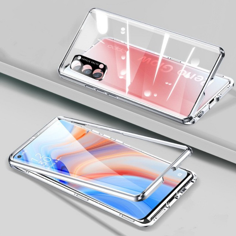 เคส OPPO Reno 5 Pro 5G #เคสกระจกขอบโลหะประกบแม่เหล็กหน้าหลังมีป้องกันเลนส์กล้อง Fully Protection Magnetic Adsorption Glass Metal Phone Protective Built-in Camera Protection