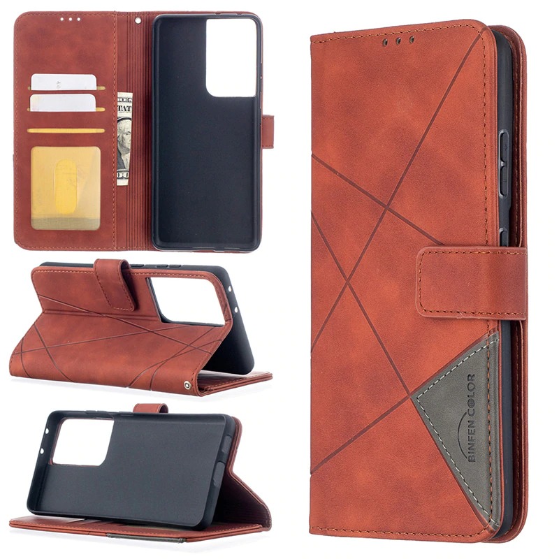เคส Samsung Galaxy S21 Ultra #เคสฝาพับหนัง PU มีช่องเสียบ ID บัตรอื่นๆในตัว Geometric Pattern Leather Card Holder Protective
