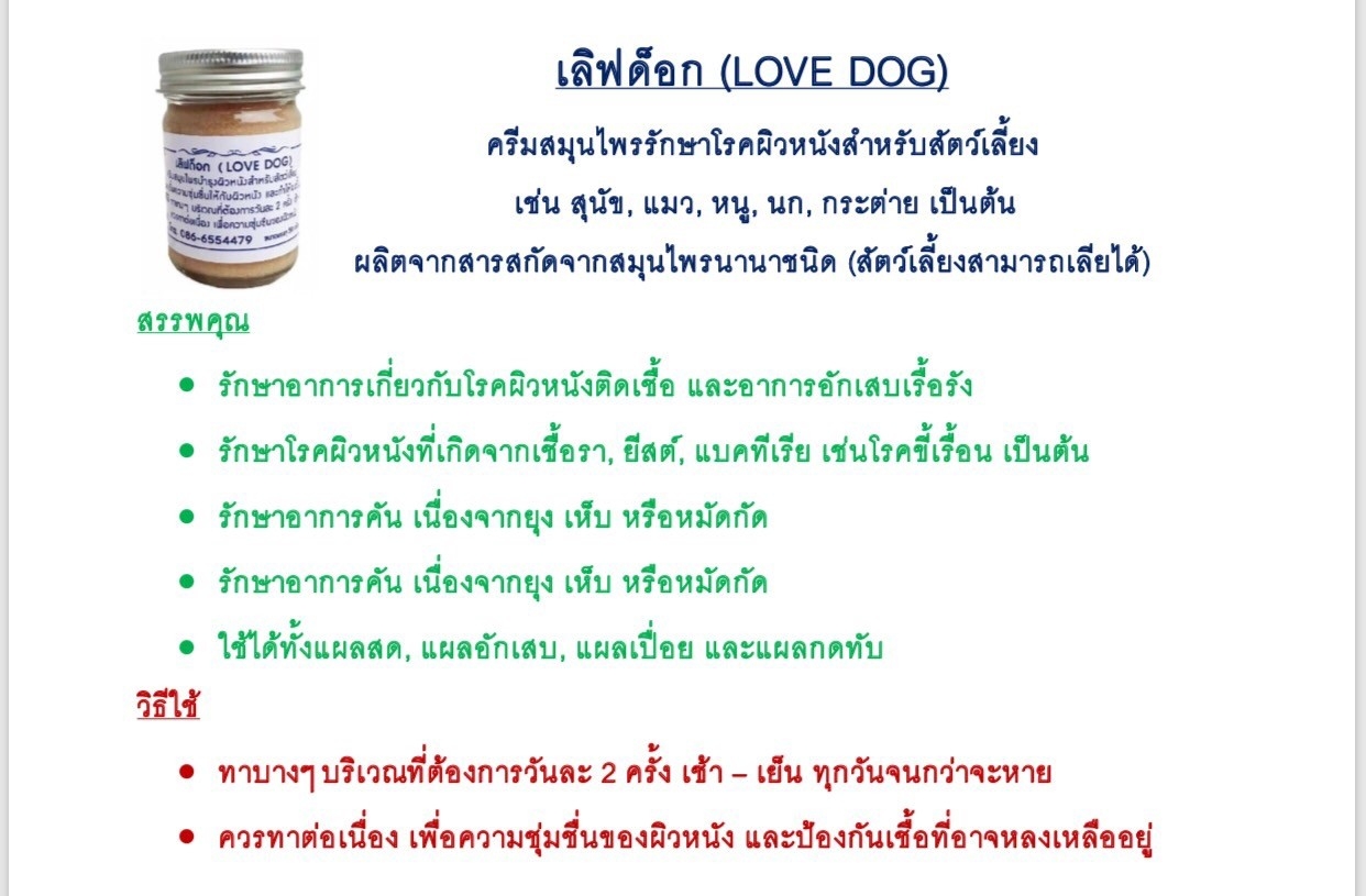Love Dog ครีมสมุนไพรรักษาและโรคผิวหนังและบำรุงผิวหนังสำหรับสัตว์เลี้ยง เช่น สุนัข แมว หนู นก กระต่าย ขนาด 50g
