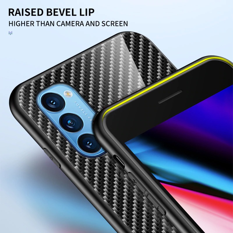 เคส OPPO Reno 4 4G #เคสฝาหลัง Gradient Color ลายคาร์บอนไฟเบอร์ Carbon fiber texture Glass Hybrid Soft Silicone Cover