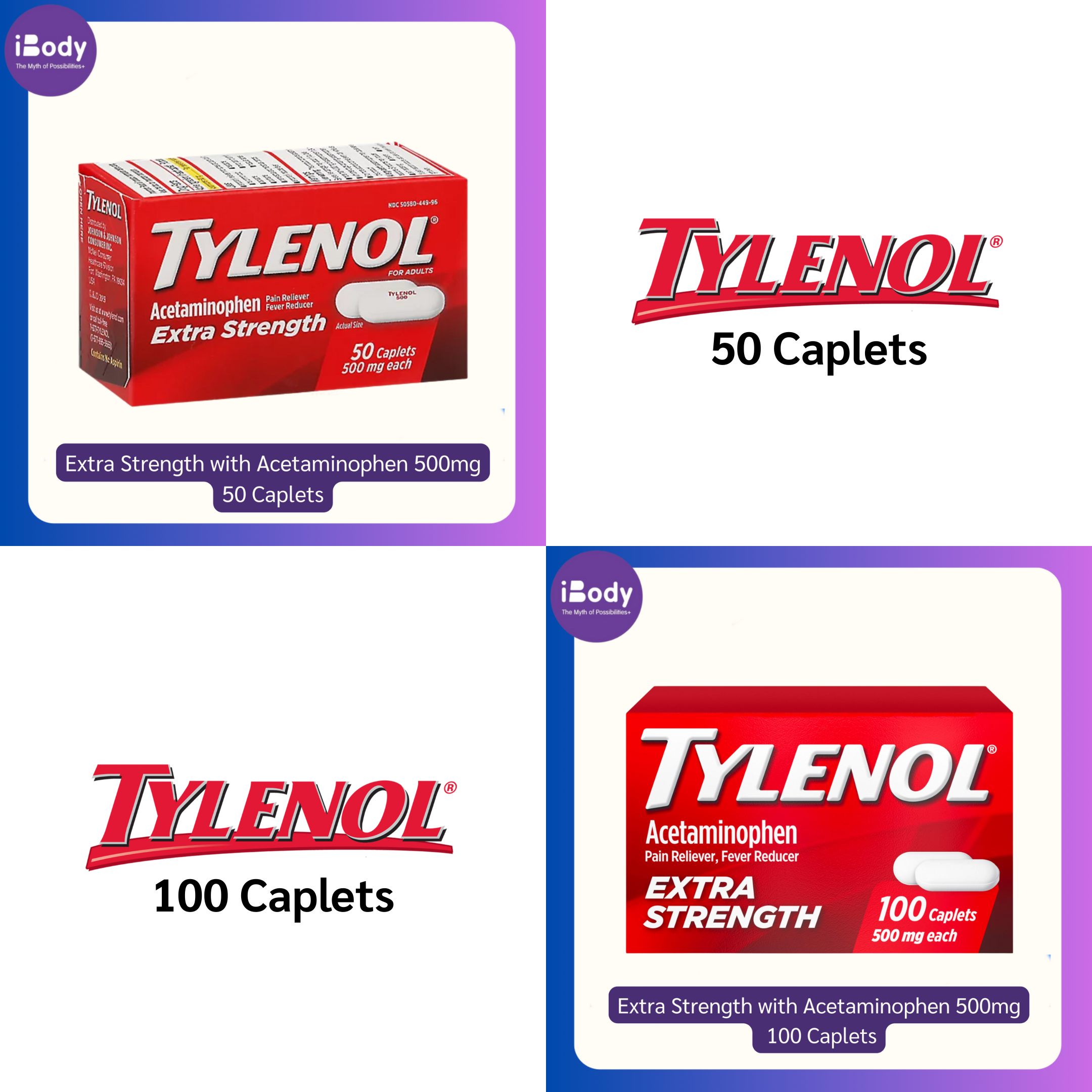 (Tylenol) Extra Strength with Acetaminophen 500mg 50, 100 Caplets ไทลินอล ยาบรเทาปวด ลดไข