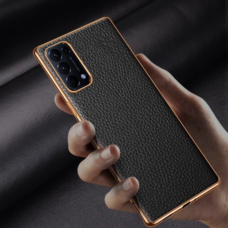 เคส OPPO Reno 5 Pro 5G #เคสฝาหลังหนังแท้ผิวลิ้นจี่ขอบเงา Luxury genuine leather case with plated edges