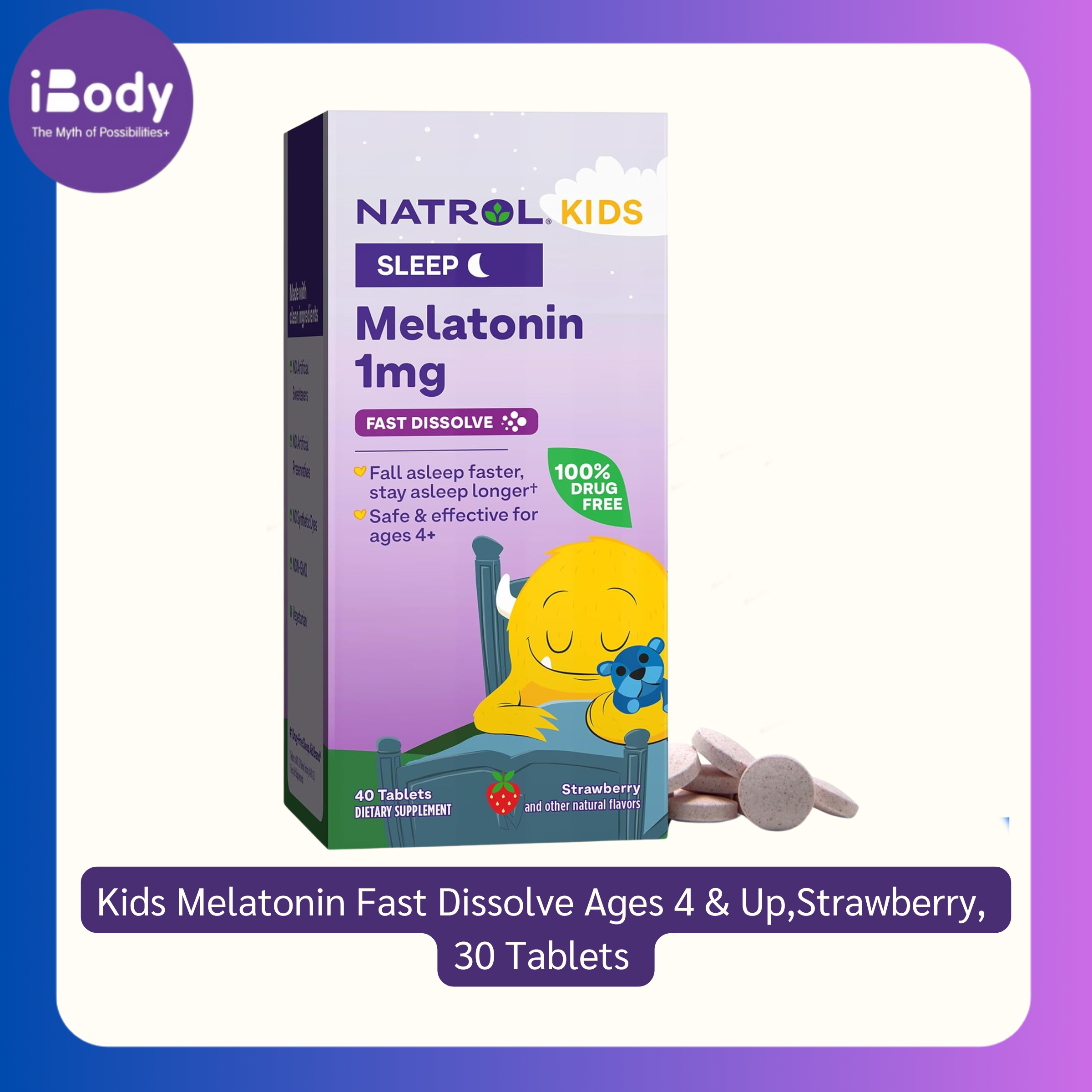 Natrol® Kids Melatonin Fast Dissolve Ages 4 & Up,Strawberry, 30 Tablets สำหรับเด็ก อายุ 4 ปีขึ้นไป ชนิดละลายเร็ว กลิ่นสตรอว์เบอร์รี่