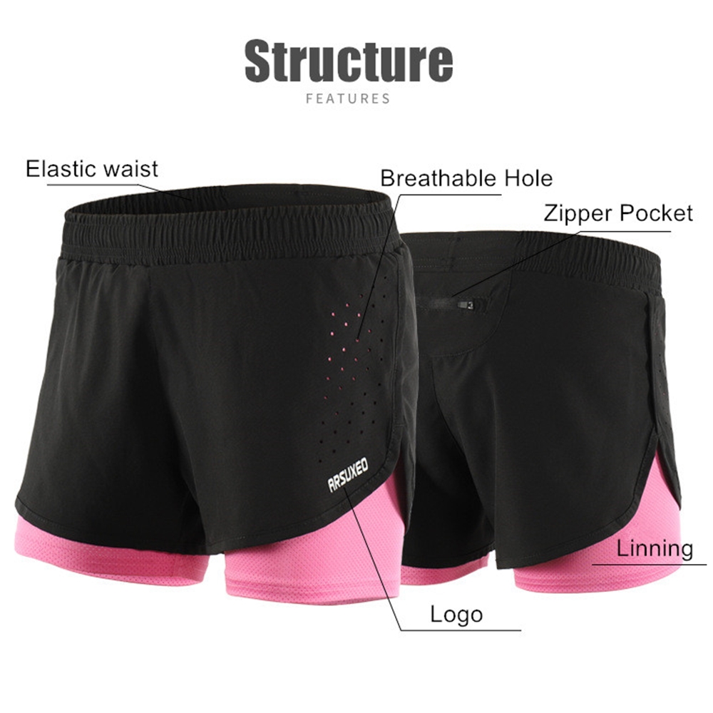 กางเกงวิ่ง ขาสั้นผู้หญิง 2-in-1 มีซับใน มีซิปกระเป๋าหลัง ARSUXEO (G7)