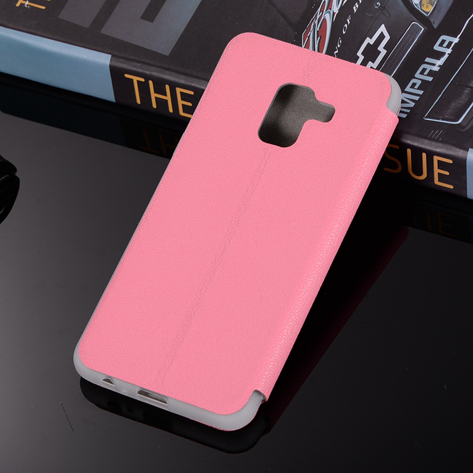 เคส Samsung Galaxy A8 + (2018) #เคสฝาพับผิวหนังลิ้นจี่พร้อมช่องเสียบการ์ดสีสันสวยงามสดใส