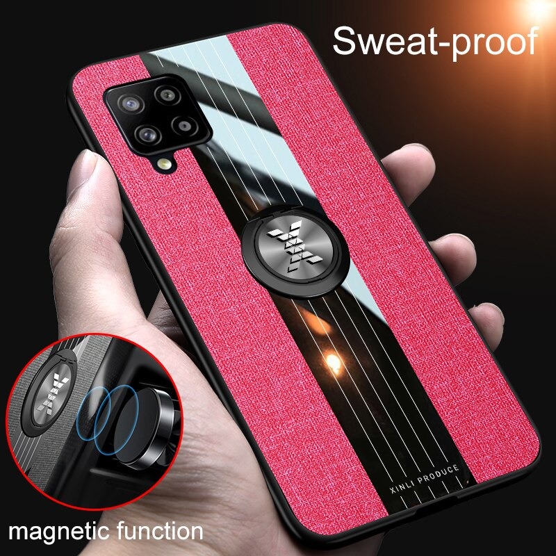 เคส Samsung Galaxy A42 5G #เคสฝาหลังเคลือบผ้าเนื้อมีแหวนสวมนิ้ว TPU ไฮบริด+อะคริลิ + แหวนโลหะ
