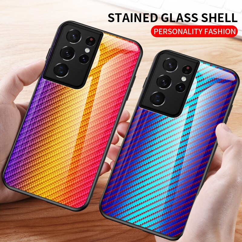 เคส Samsung Galaxy S21 Ultra #เคสฝาหลัง Gradient Color ลายคาร์บอนไฟเบอร์ Carbon fiber texture Glass Hybrid Soft Silicone Cover