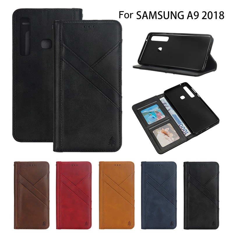 เคส Samsung Galaxy A9 (2018) #เคสฝาพับแบบกระเป๋าสตางค์มีช่องเสียบบัตรด้านหน้าและด้านใน Flip Wallet Stand Leather Phone Case